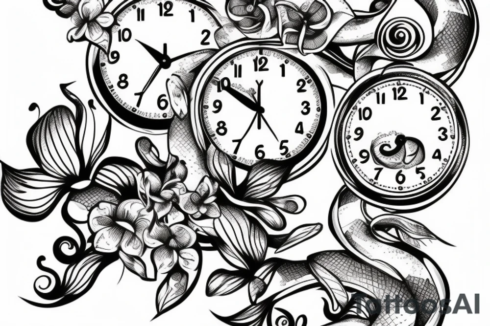 Snake on a clock with orchids around it tattoo idea