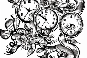 Snake on a clock with orchids around it tattoo idea
