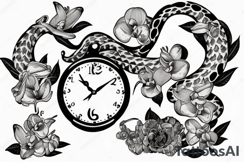 Snake on a clock with orchids around it tattoo idea