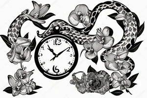 Snake on a clock with orchids around it tattoo idea