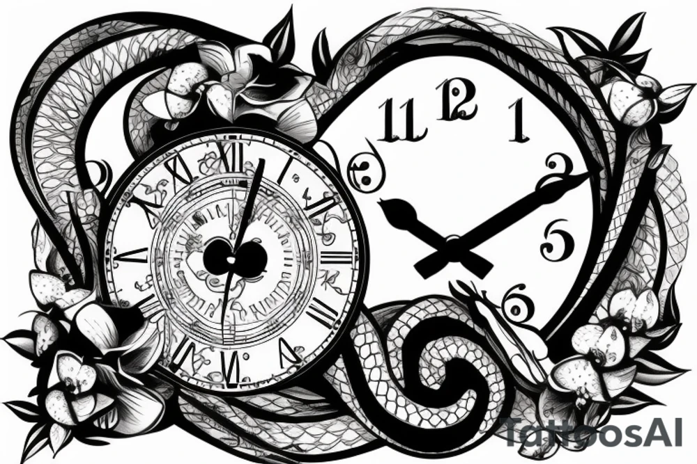 Snake on a clock with orchids around it tattoo idea