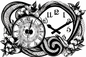 Snake on a clock with orchids around it tattoo idea