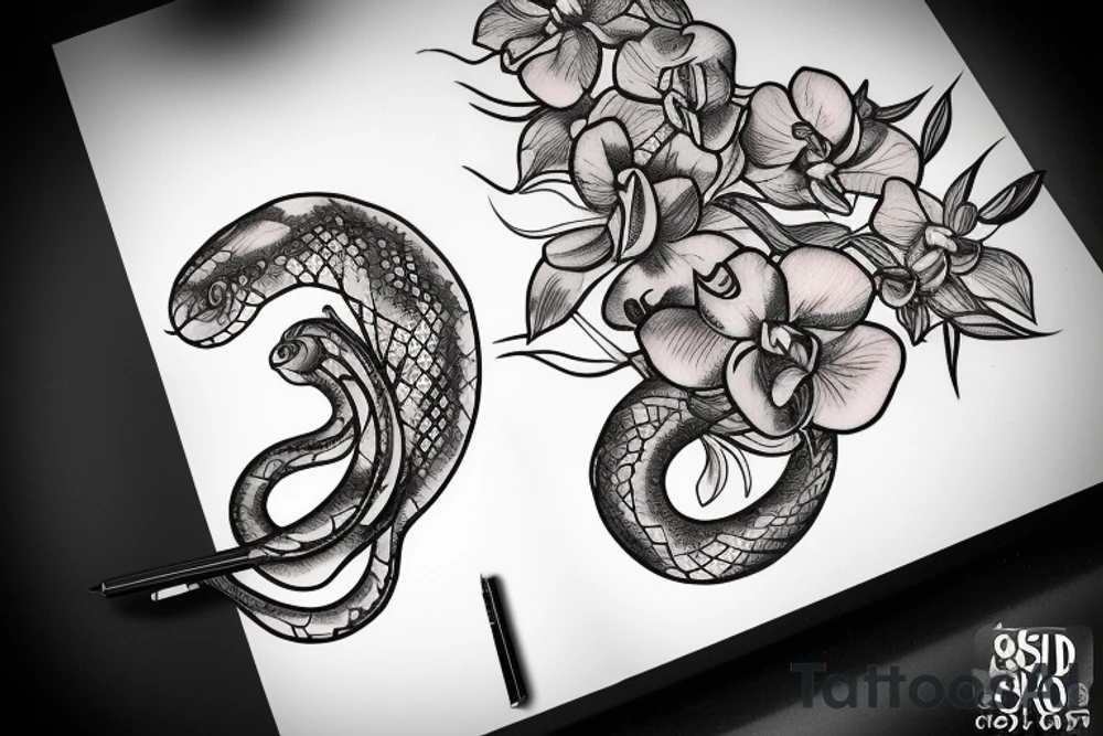 Snake on a clock with orchids around it tattoo idea
