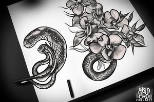 Snake on a clock with orchids around it tattoo idea