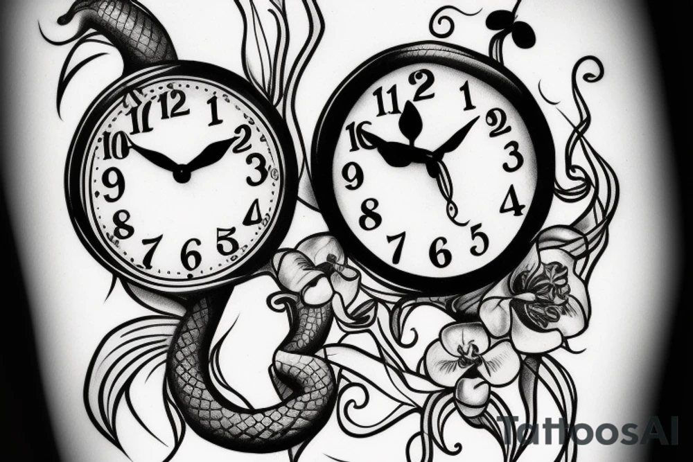 Snake and clock with orchids around it tattoo idea