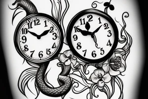 Snake and clock with orchids around it tattoo idea