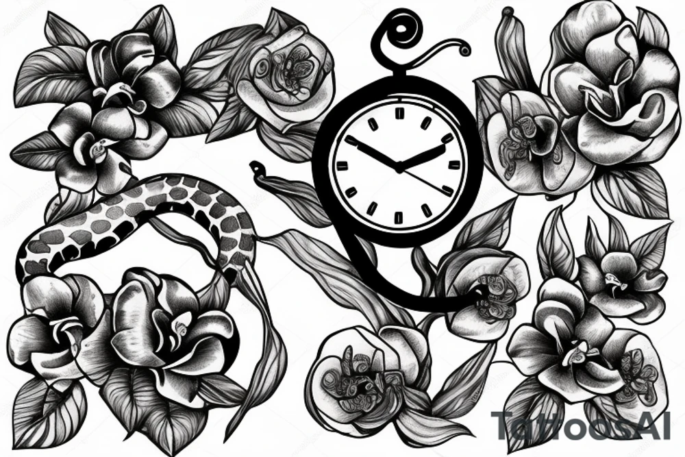 Snake and clock with orchids around it tattoo idea