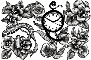 Snake and clock with orchids around it tattoo idea