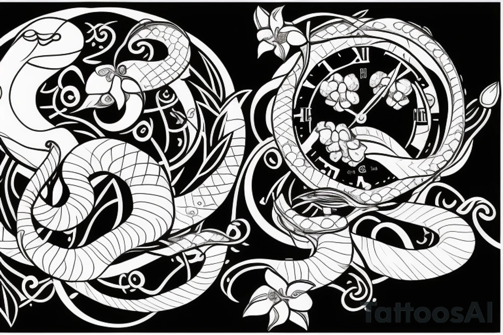 Snake and clock with orchids around it tattoo idea