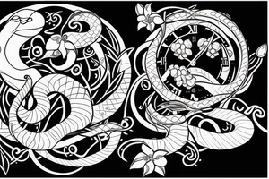 Snake and clock with orchids around it tattoo idea