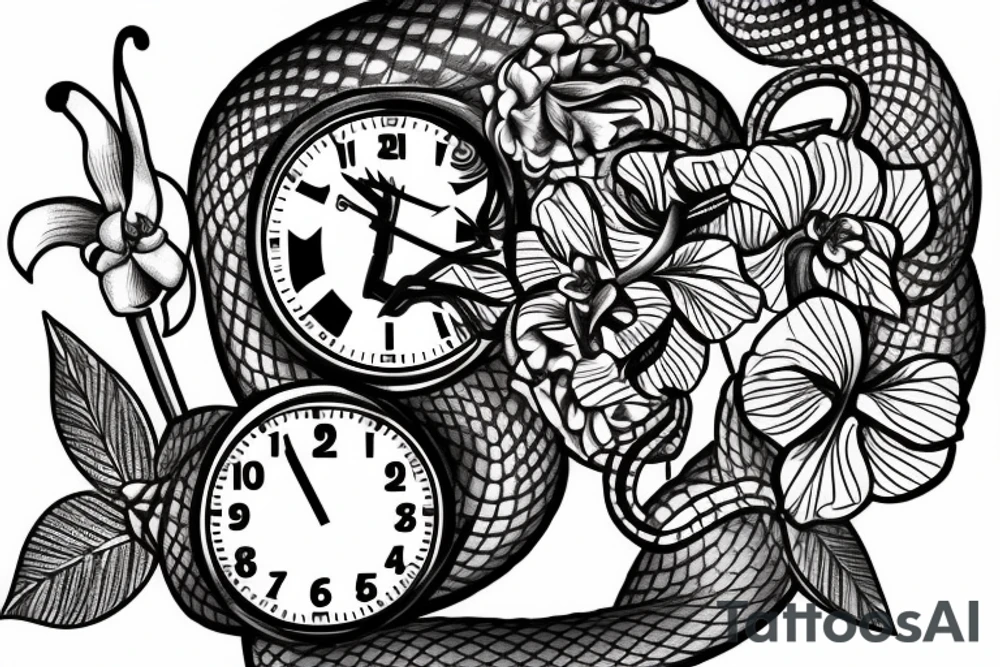 Snake and clock with orchids around it tattoo idea