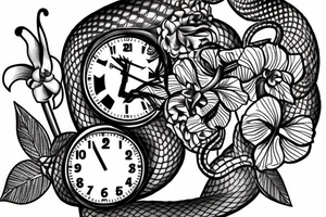 Snake and clock with orchids around it tattoo idea