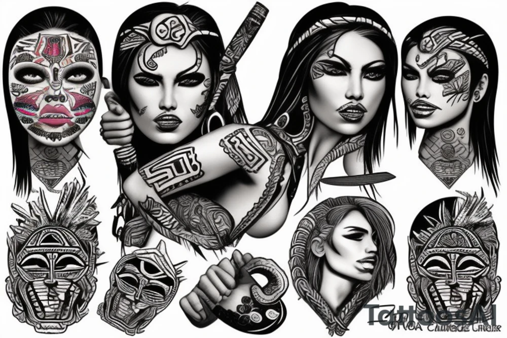 blond Hispanic female warrior with Aztec artwork behind her tattoo idea blond Hispanic female warrior with Aztec artwork behind her tattoo idea