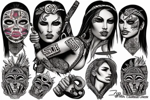 blond Hispanic female warrior with Aztec artwork behind her tattoo idea