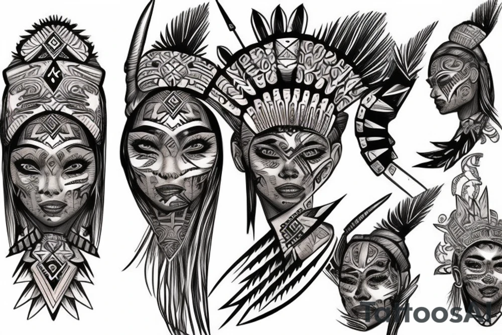 blond Hispanic female warrior with Aztec artwork behind her tattoo idea blond Hispanic female warrior with Aztec artwork behind her tattoo idea