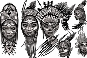blond Hispanic female warrior with Aztec artwork behind her tattoo idea