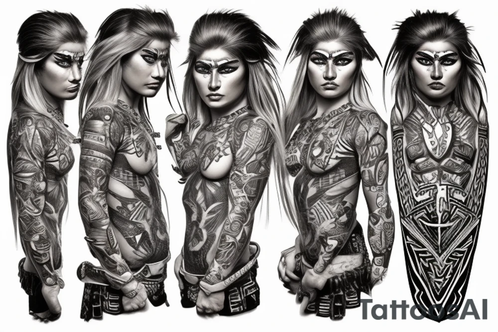 blond Hispanic female warrior with Aztec artwork behind her tattoo idea