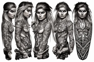 blond Hispanic female warrior with Aztec artwork behind her tattoo idea