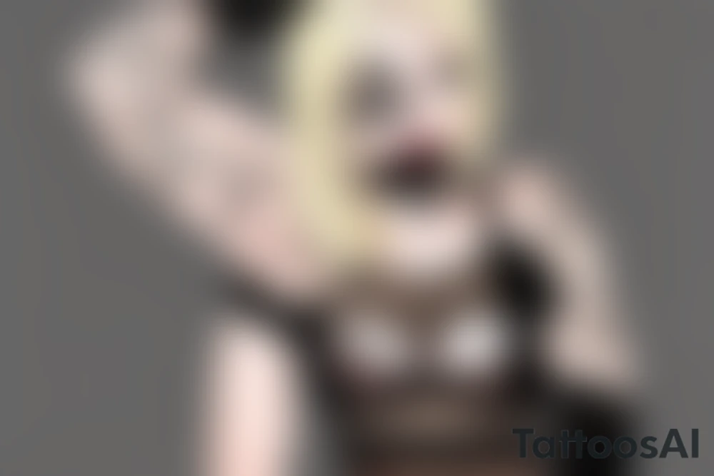 sexy blond haired female wearing suspenders and stocking and a lace face mask, tattoo idea