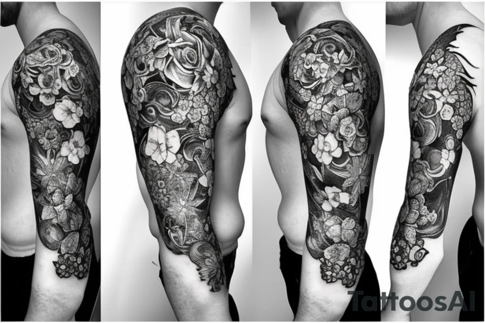 sleeve sword with flowers tattoo idea