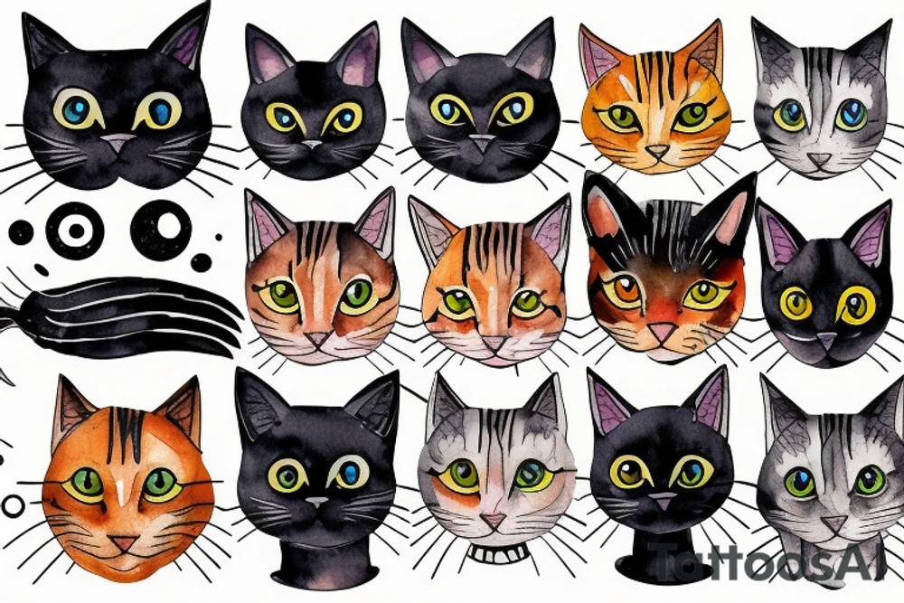 Face of a tabby cat and black cat with geometric figures and outer space tattoo idea