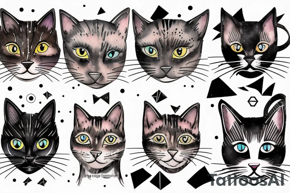 Face of a tabby cat and black cat with geometric figures and outer space tattoo idea