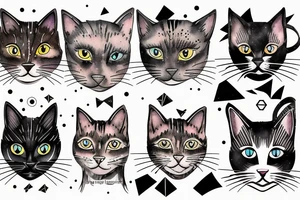 Face of a tabby cat and black cat with geometric figures and outer space tattoo idea