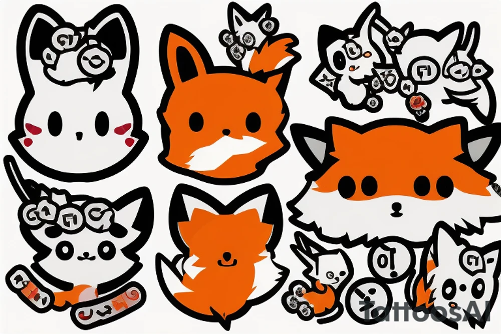 Tamagotchi gaming device with a fox animal on the screen tattoo idea