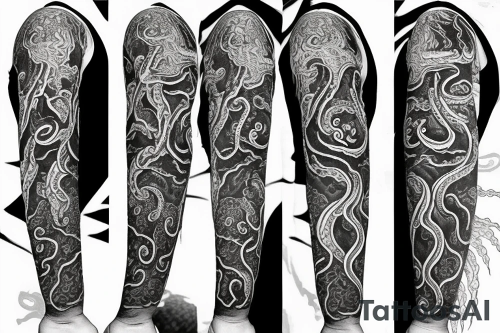 Cthulhu and elder gods sleeve with tentacles on neck tattoo idea