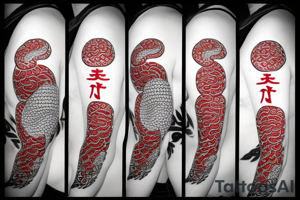 Japanese Kanji "ai" in red color and two white snakes on its sides tattoo idea