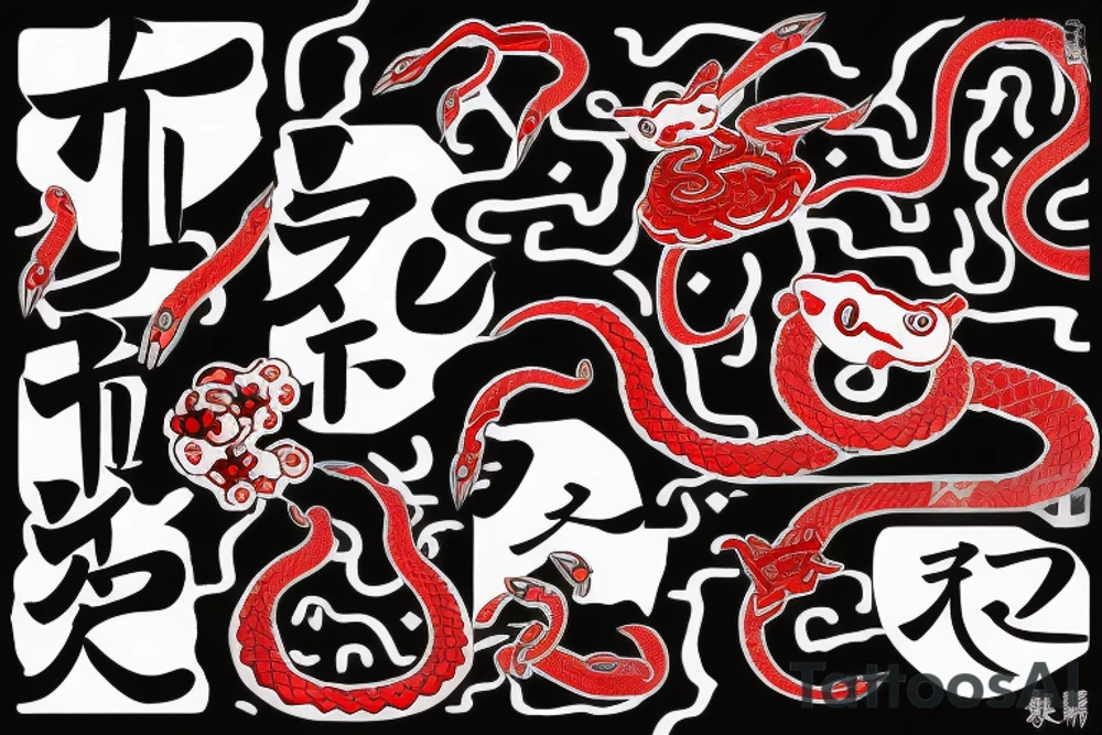 Japanese Kanji "ai" in red color and two white snakes on its sides tattoo idea