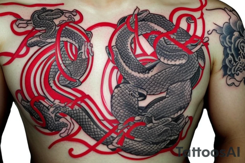 Japanese Kanji "ai" in red color and two white snakes on its sides. The tattoo is placed on the chest, near the clavicles tattoo idea