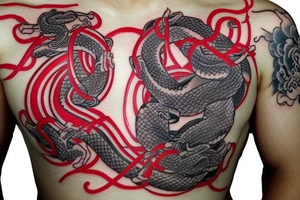 Japanese Kanji "ai" in red color and two white snakes on its sides. The tattoo is placed on the chest, near the clavicles tattoo idea