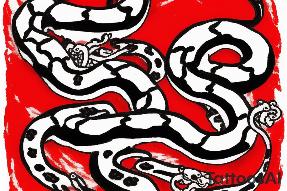 Japanese Kanji "ai" in red color and two white snakes on its sides. The tattoo is placed on the chest, near the clavicles tattoo idea