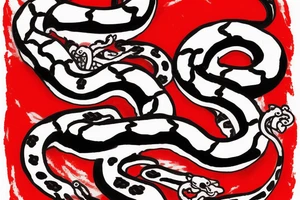 Japanese Kanji "ai" in red color and two white snakes on its sides. The tattoo is placed on the chest, near the clavicles tattoo idea