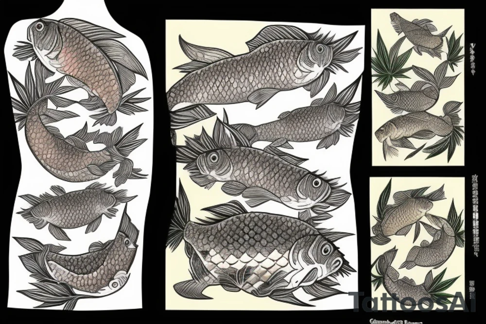 carp going upstream with marijuana leaves and hops flowers tattoo idea