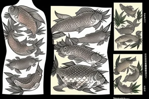 carp going upstream with marijuana leaves and hops flowers tattoo idea