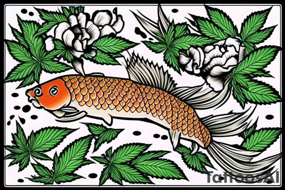 carp going upstream with marijuana leaves and hops flowers tattoo idea