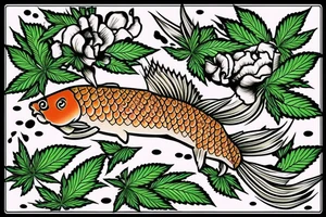 carp going upstream with marijuana leaves and hops flowers tattoo idea