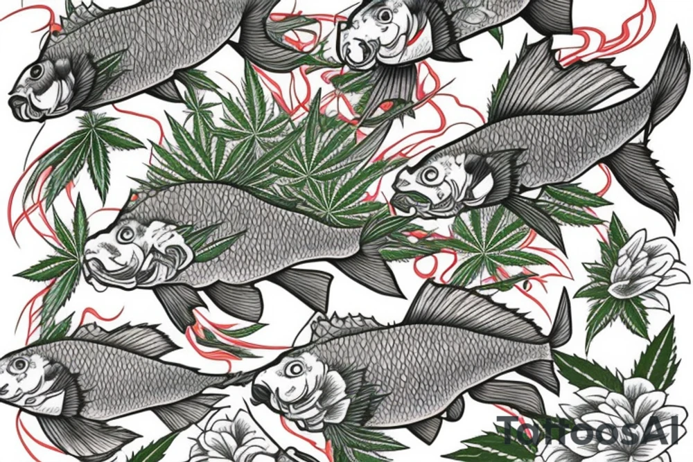 carp going upstream with marijuana leaves and hops flowers tattoo idea