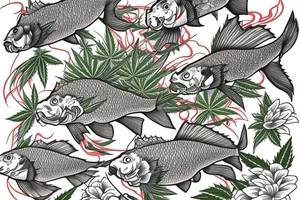carp going upstream with marijuana leaves and hops flowers tattoo idea