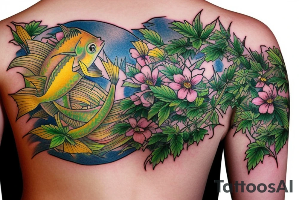 carp going upstream with marijuana leaves and hops flowers tattoo idea