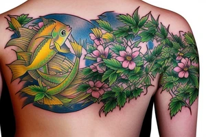 carp going upstream with marijuana leaves and hops flowers tattoo idea