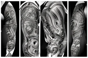 techno music, molly 9er, a warrior, family and barbell weights all combined to create one interlinked image. tattoo idea