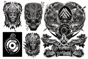 techno music, molly 9er, a warrior, family and barbell weights all combined to create one interlinked image. tattoo idea