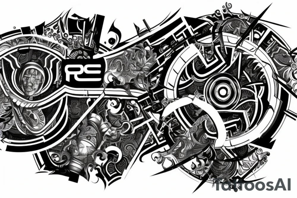 Techno music, a warrior, family and barbell weights all combined to create one interlinked image with "9er" written somewhere inside. tattoo idea