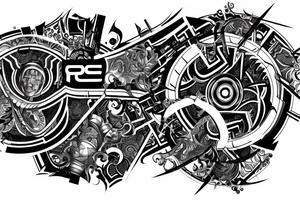 Techno music, a warrior, family and barbell weights all combined to create one interlinked image with "9er" written somewhere inside. tattoo idea