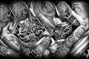 beast, Techno music, a warrior, family and barbell weights all combined to create one interlinked image with "9ER" written within. tattoo idea