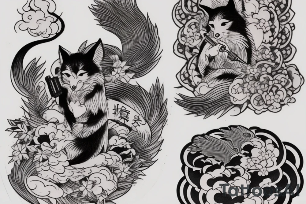 kitsune in kimono smoking a pipe tattoo idea