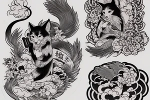 kitsune in kimono smoking a pipe tattoo idea